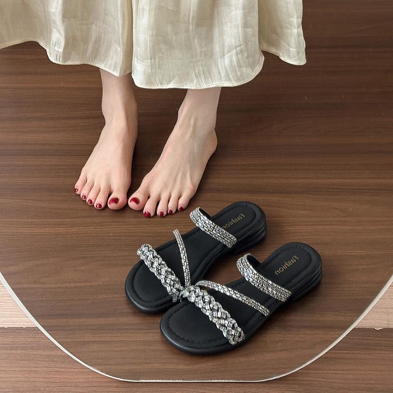 With Fashionable Square Head High Heels Thick Heel Slippers Rhinestone 2025 Summer New Thin Belt Wear Cool Slippers Women