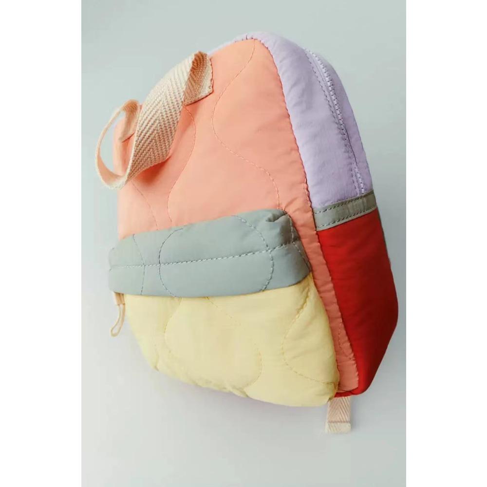 Color Block Backpack Orange Quilted Cute Small Kids Backpack School Bag For Outdoor Trip