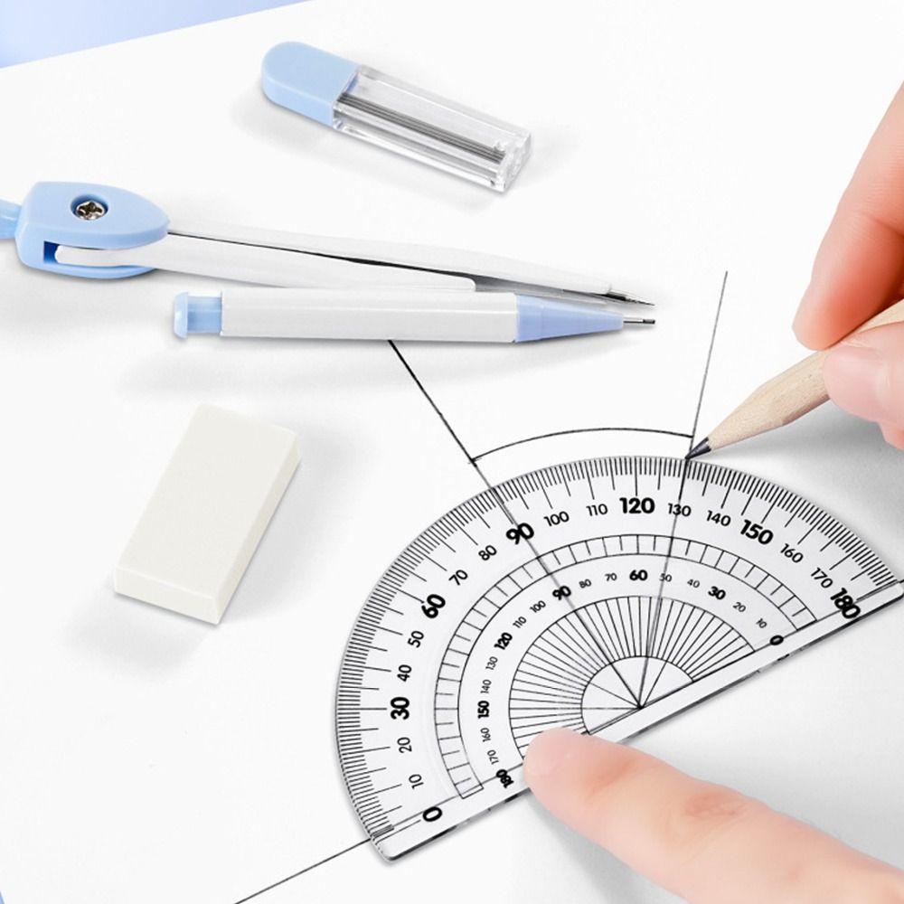 8PCS/Set Plastic Ruler Compasses Set Eraser Straight Ruler Measuring Ruler Transparent Set Square Drawing Tool School Office