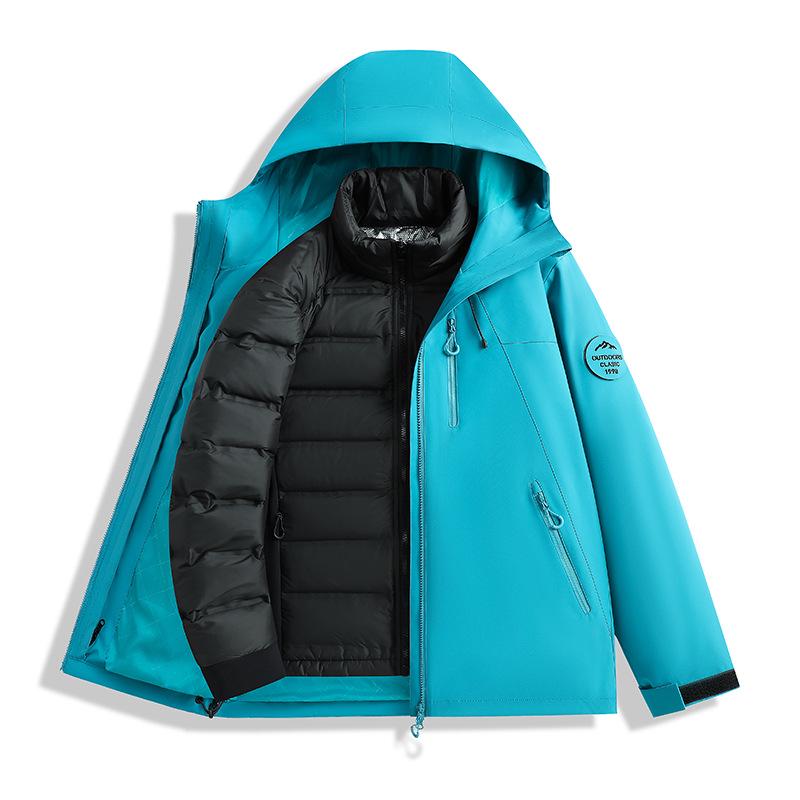 Men's and Women's Custom Outdoor Two-Piece Jacket Set: Three-in-One Shell with 90% Duck Down Lining and Print Logo.