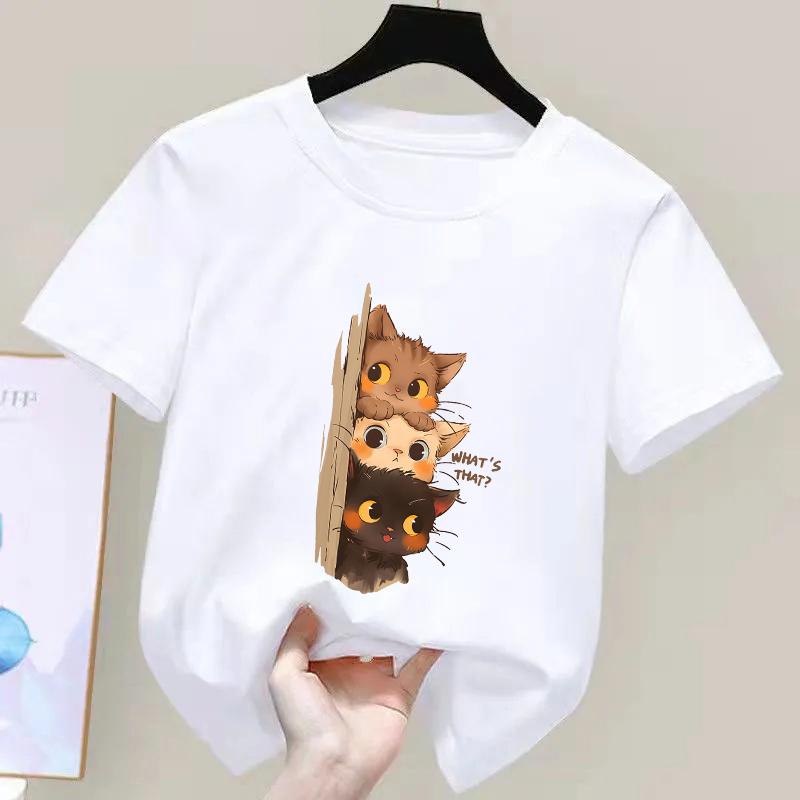 Three Little Cats Are Secretly Watching You Print Kids Tshirt for Boys Girls Tee Clothes Casual Pure Short Sleeved Cartoon Top