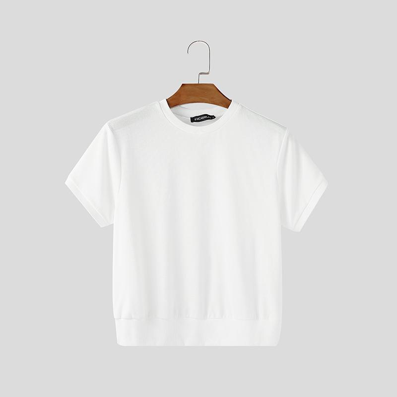 INCERUN Heren T-shirts met ronde hals, korte mouwen, effen kleur, casual cropped model 3XL wit