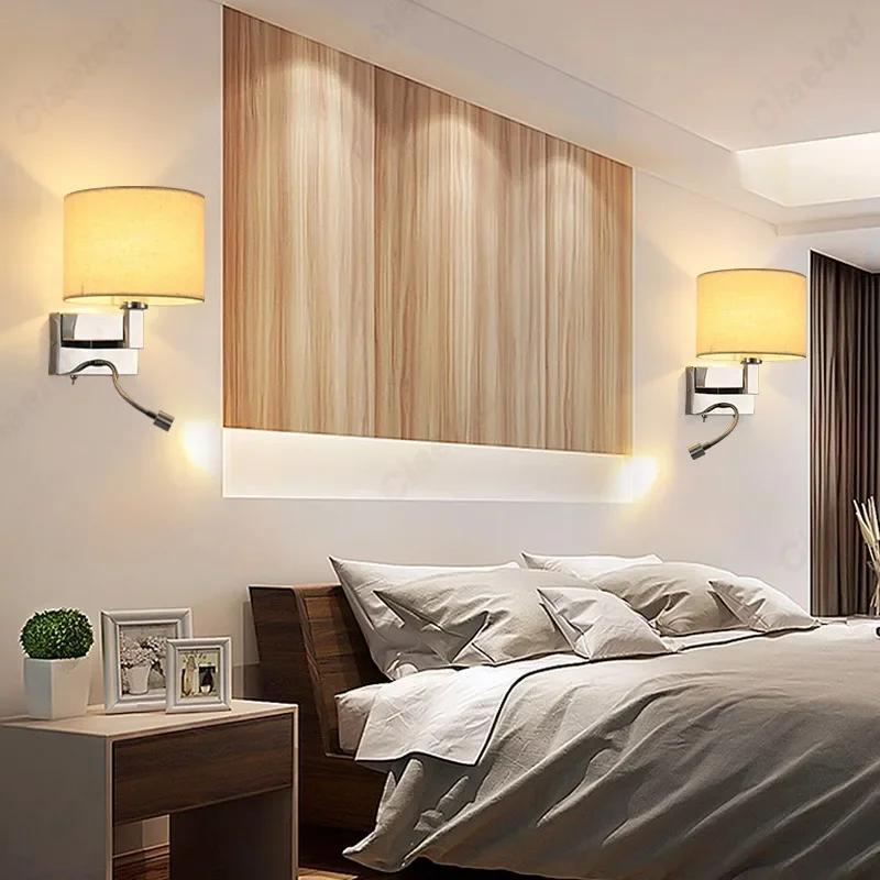 E27 Minimalist LED Fabric Lampshade Wall Light 360° Rotating Spotlight Reading Light Bedroom Bedside Lamp Indoor Home Decoration