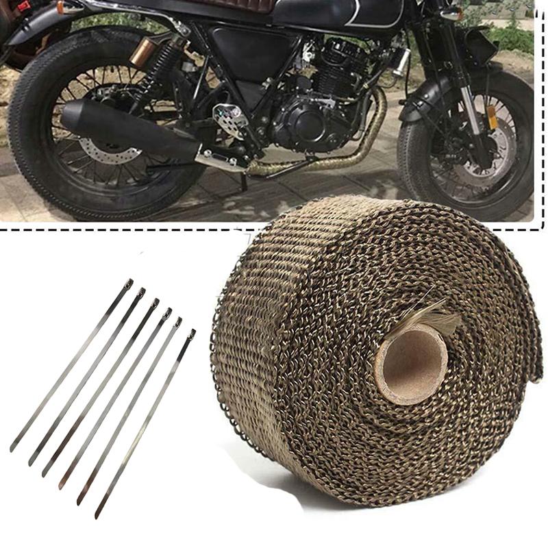 10M Motorcycle Exhaust Pipe Heat Wrap Tape Exhaust Header Wrap High-Temperature Insulation Tape With Stainless Steel Zip Ties