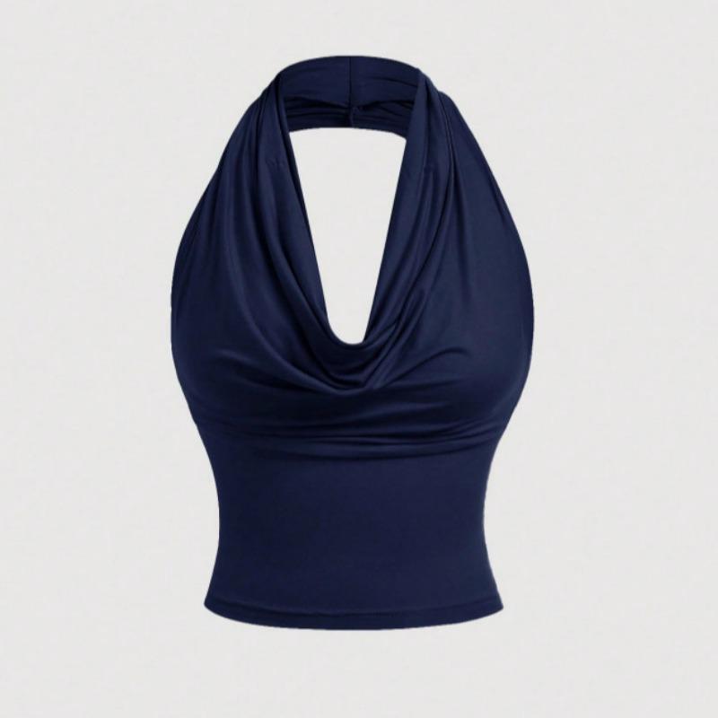 Womens Sexy Halter Neck Slim Fit Solid Cropped Versatile Fashion Casual Cami Top S темно-синий