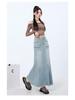 Women's High-Waisted Denim Fishtail Midi Skirt - Vintage Style, Raw Hem, Spring 2025