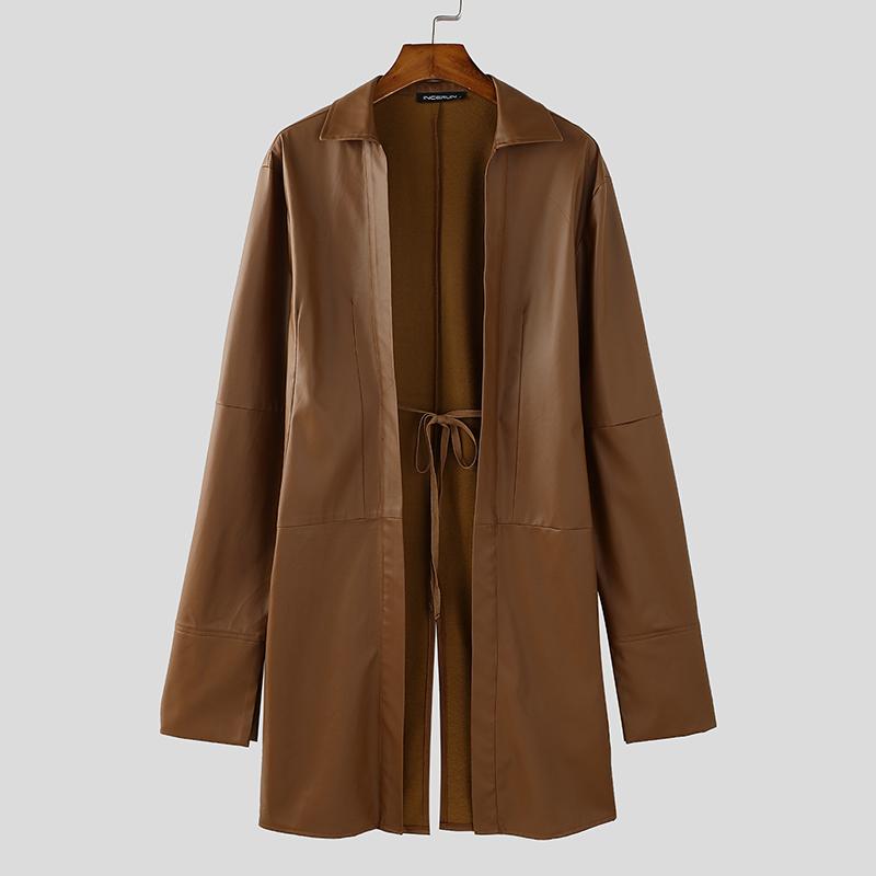 

INCERUN Мужские кожаные куртки с длинным рукавом и шнуровкой Повседневные длинные пальто из искусственной кожи S коричневый