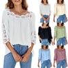 Fashion Women's Casual Lace Stitching Square Collar Loose Casual Half Sleeve T-Shirt  Top