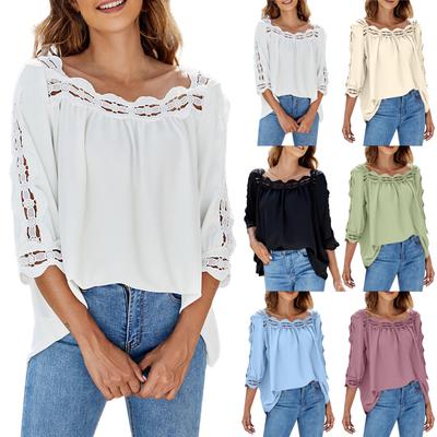 Fashion Women's Casual Lace Stitching Square Collar Loose Casual Half Sleeve T-Shirt  Top