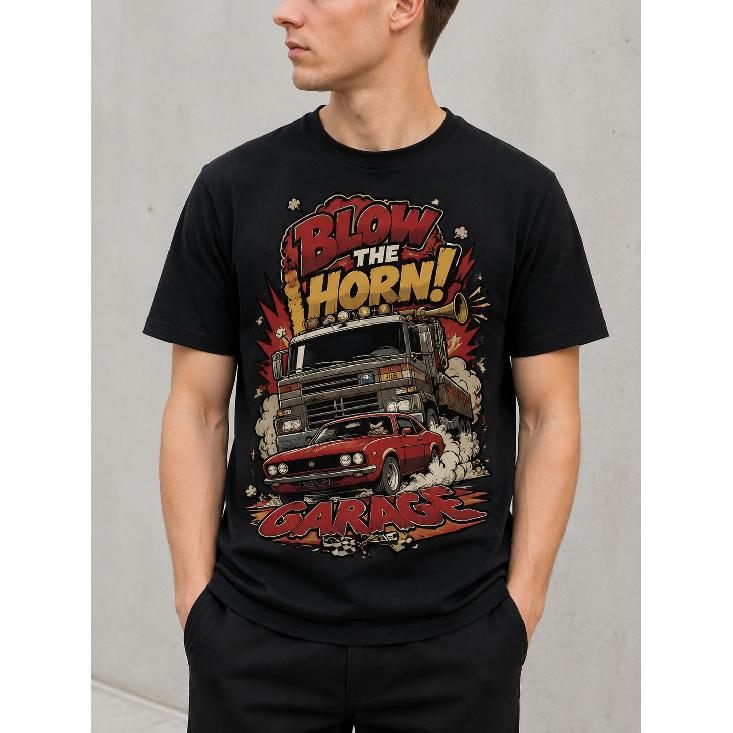 men s black short sleeve crew neck t-shirt with bold vintage truck and muscle car graphic print, soft cotton feel for casual garage or streetwear S чёрный