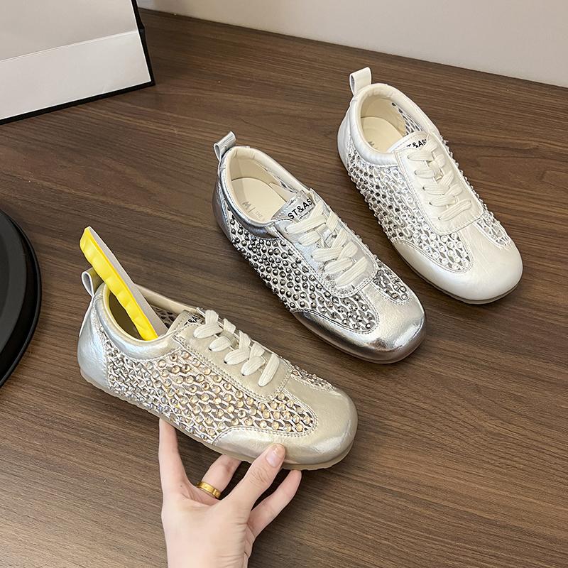 Fashion Breathable Mesh Women's 2025 Summer New Flat German Training Shoes Lace-up Diamond-encrusted Hollow Sandals