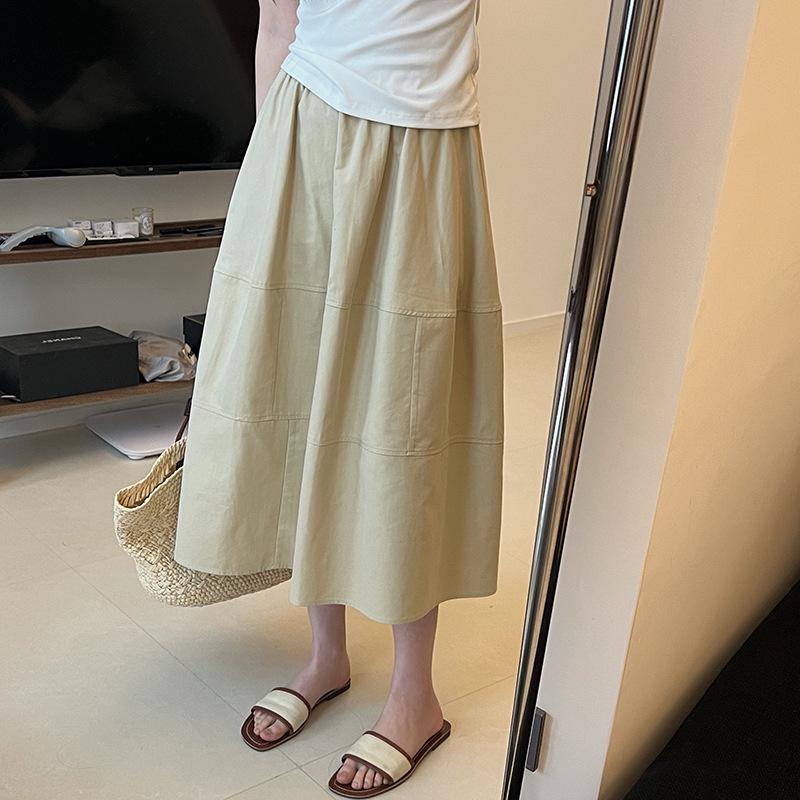 

Cream A-line Midi Skirt: Spring/Summer, Chinese Style, Elastic High Waist Small хакі