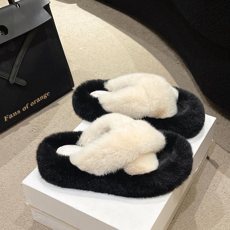 4Cm heel large size fluffy slippers women's 2025 winter new thickened warm non-slip Korean version indoor cotton slippers