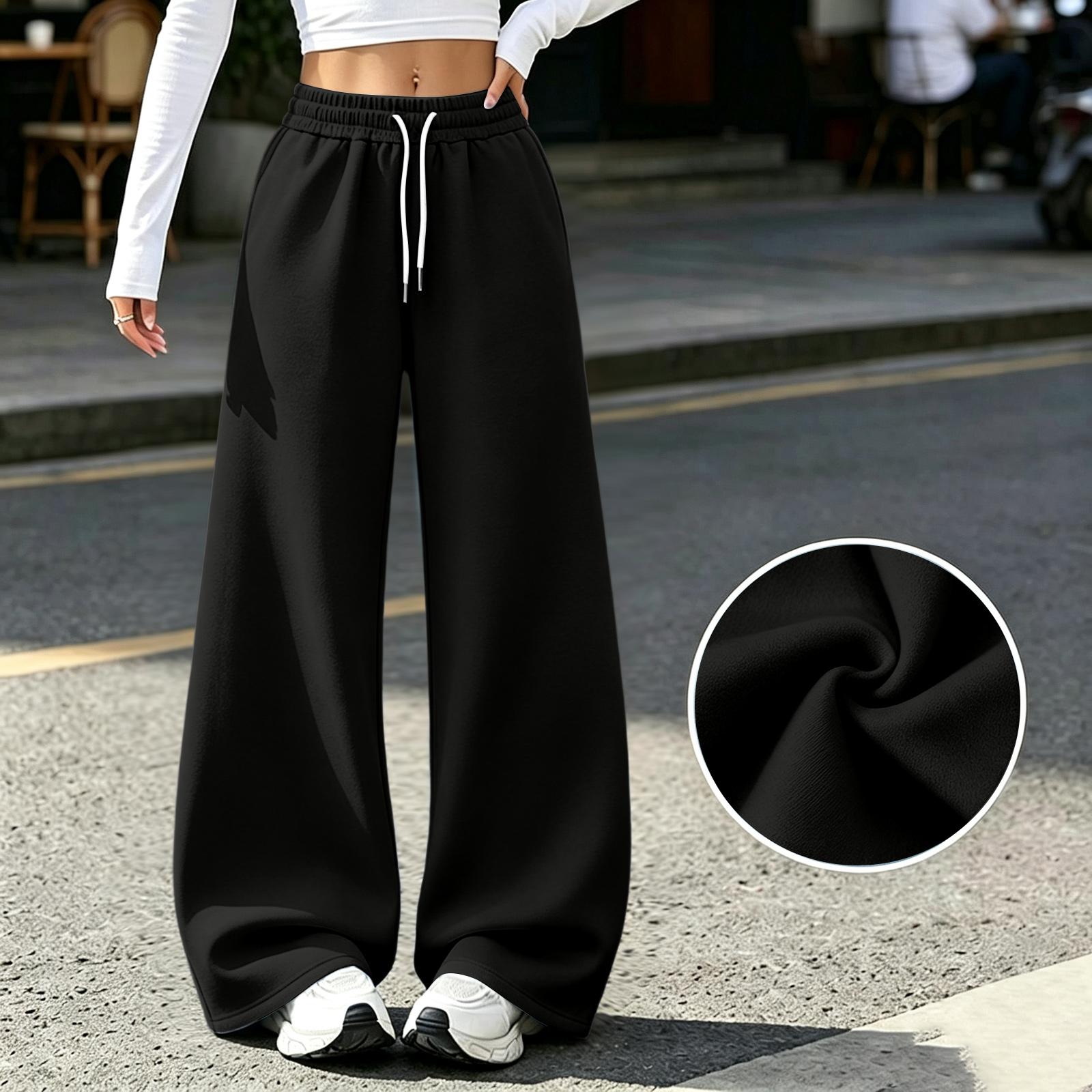 Women s Casual Wide Leg Sweatpants with Pockets Lined Drawstring Joggers for or Athletic Wear L чёрный