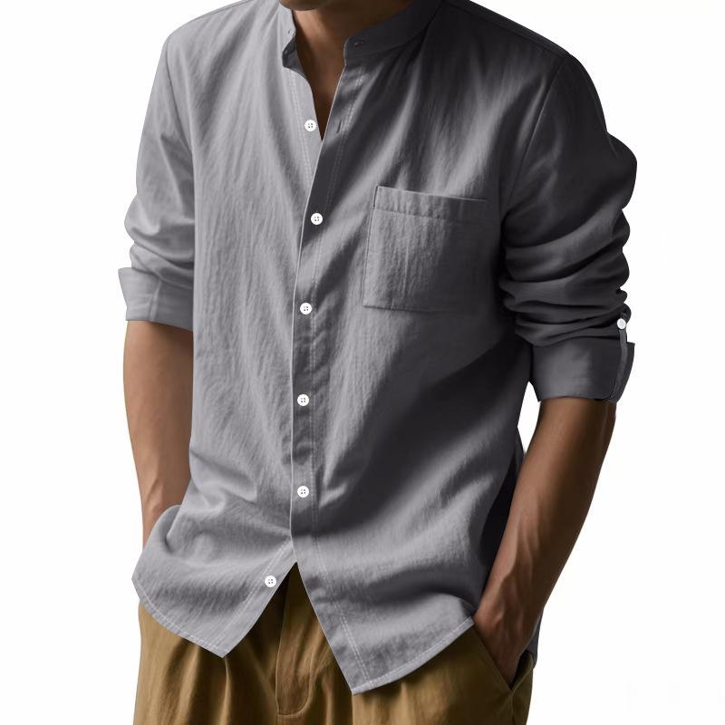 Linen Shirt with Long Sleeves and Stand Collar Breathable Casual Men's New Chinese-Style Pocket Shirt