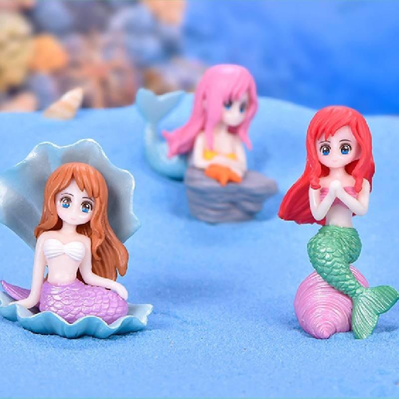 Plastic Cartoon Mermaid Figurine Shell Hair Yellow Pink Red Crafted Aquarium Ornament