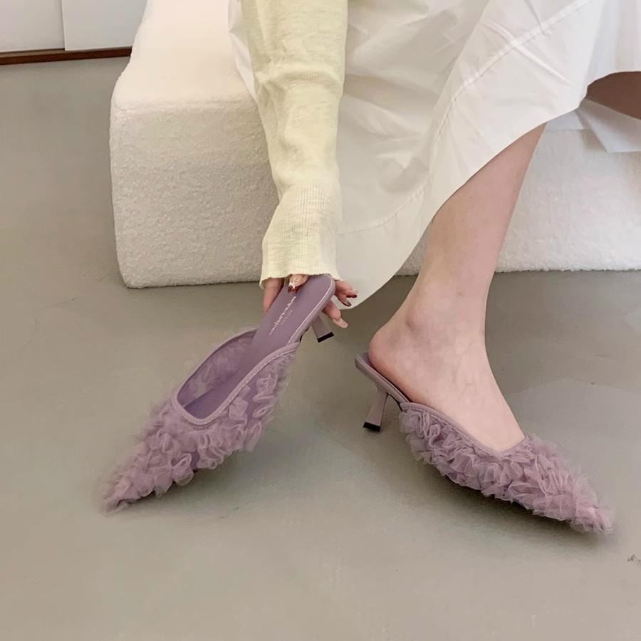 

Фиолетовая сумка голова полутапочки женская обувь носить 2025 новая весна темперамент высокие каблуки 39