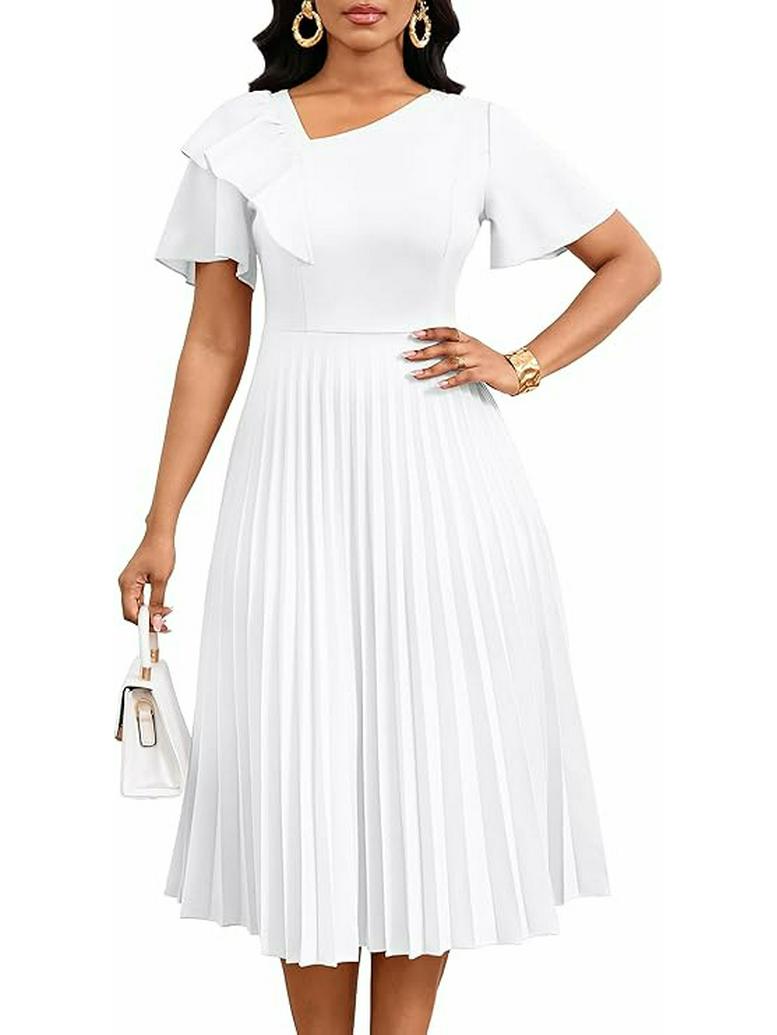 

Pleated Skirt with Short Sleeve Asymmetrical Ruffle | Semi-Formal Skirt, 2026 Collection XL білий
