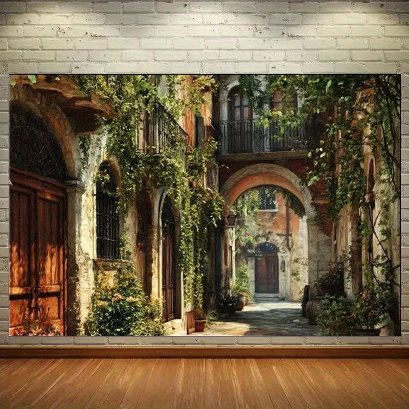 2D Romantische Europäische Gasse Kulisse, Altstadt mit Grünen Ranken für Fotoshooting