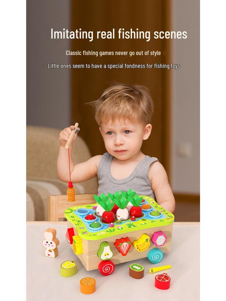 Kids' Wooden Geometric Shape Puzzle & Educational Toy Car with Orchard Picking, Carrot Pulling, and Fishing Game