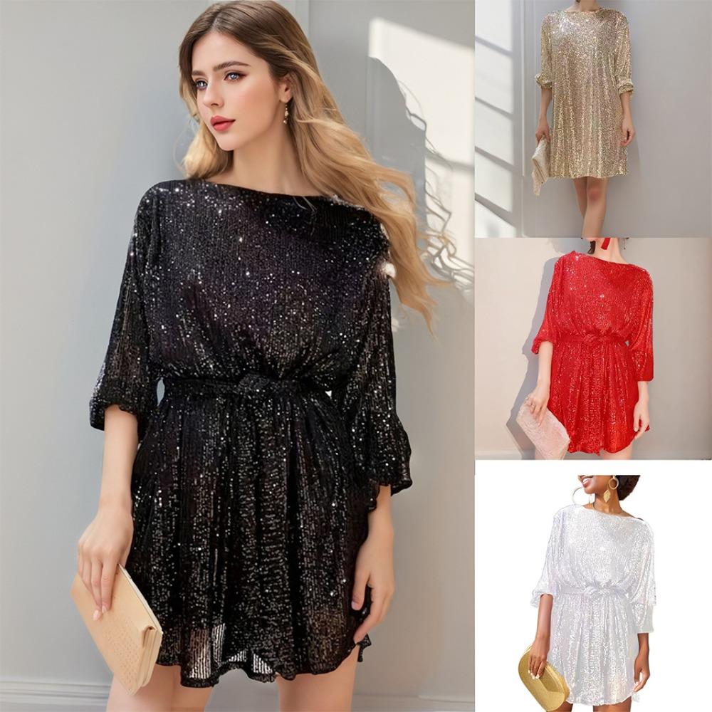 Women's Boat Neck Three Quarter Sleeve Mini Dress Loose Fit Solid Sparkly Sequin Party Club Dress With Waist Tie