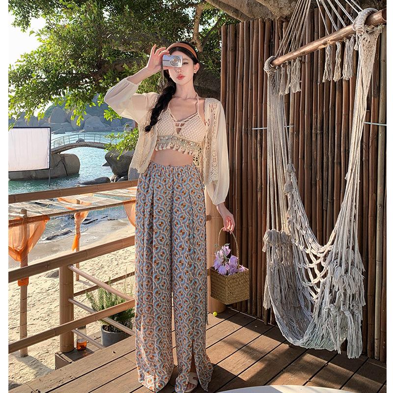 Bohemian Style Seaside Vacation Set Sanya Travel Chiffon Split Ethnic Style Wide-leg Trousers Set