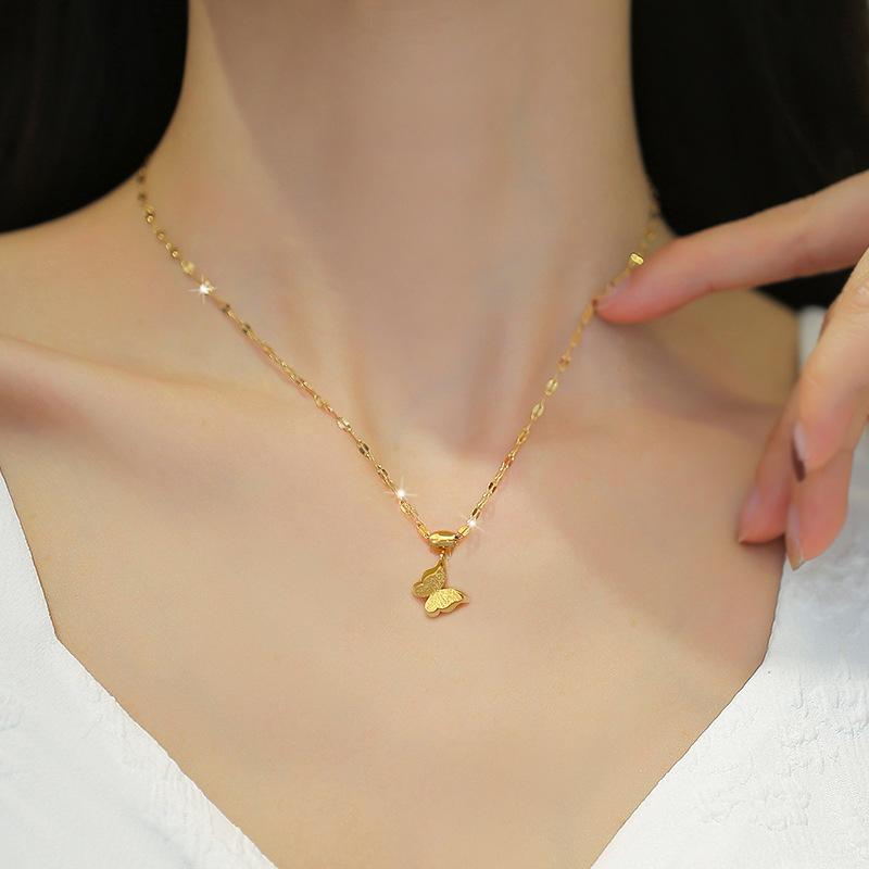 Light Luxury Minimalist Butterfly Stove Real Gold Necklace Female Collarbone Chain With Jewelry