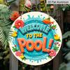 2D Flach, 1 Stück Runde Aluminium "Willkommen am Pool" Schild, Niedliche Gummi-Ente & Floraler Wasserspritzer Metallschild, Helles Buntes Sommerdesign, Idee für