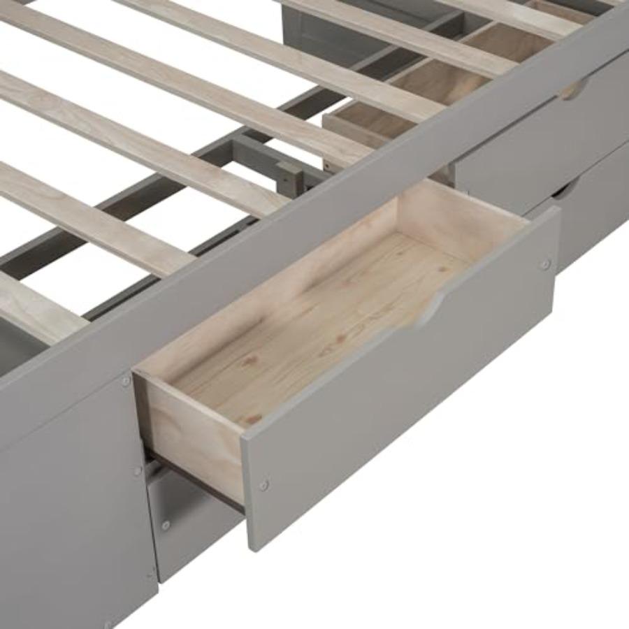 Twin Size Daybed with Drawers and Shelves, Wooden Storage Daybed Frame with Slats, Pull Out Drawer Bed for Guests, Space Saving