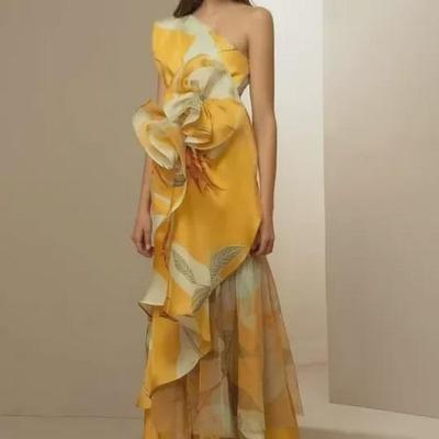 European Summer French Retro High-Waisted Printed Asymmetrical Dress