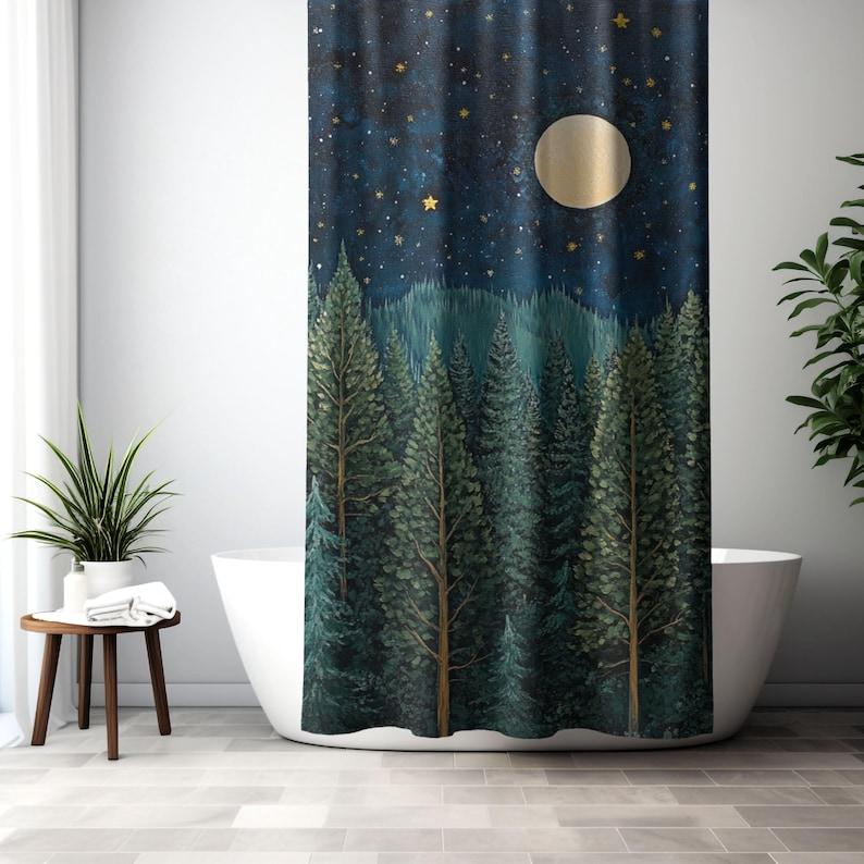 Moonlit Evergreen Forest Shower Curtain, Earthy Bathroom Decor, Serene Woodland Scene Home Decor, Bathroom Accent Autumn