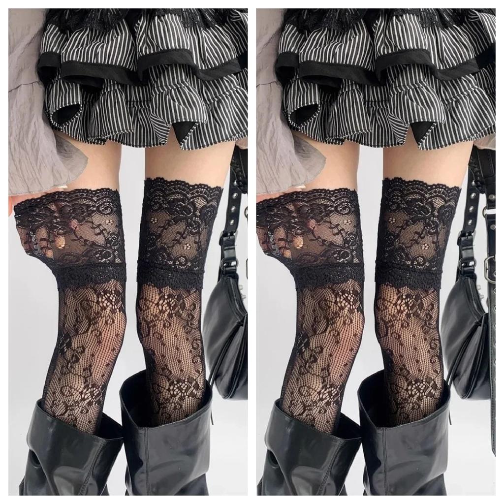 Y2K New Women Flower Lace Fishnet Thigh High Stockings Japanese Style Jk Girl Sweet Lace Trim Frilly Over Knee Long Socks
