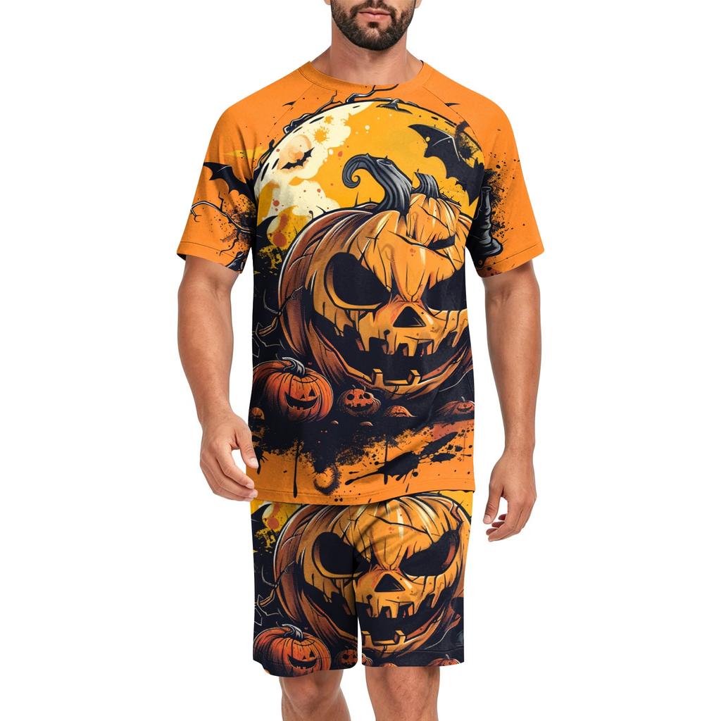 Men's Halloween Casual Pajama Set Short Sleeve Top and Shorts Comfortable Lightweight Sleepwear Set with Pumpkin and Bat Print for Home Use