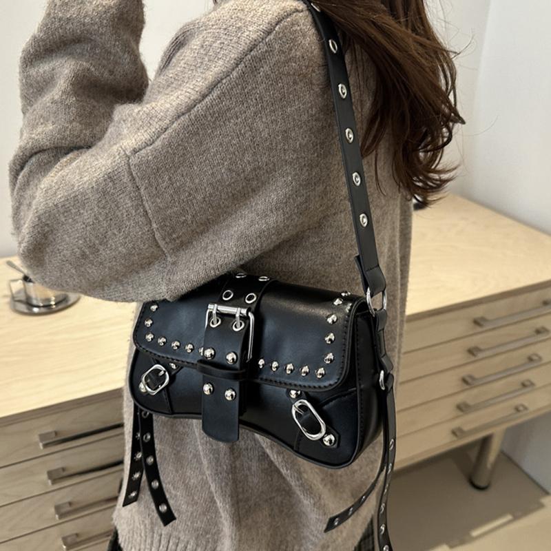 Yogodlns Trendy Motorcycle Punk Style Shoulder Bag for Women Solid Color Fashion Rivet Commuter Small Square Underarm Bag