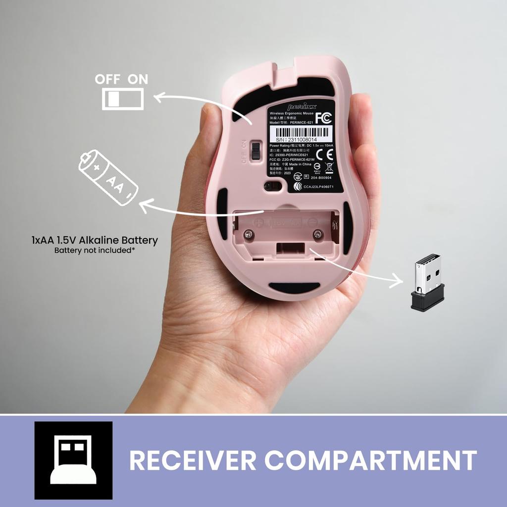 Perixx PERIMICE-621P Wireless Mouse, Silent Click, Wireless (2.4G, Pink)
