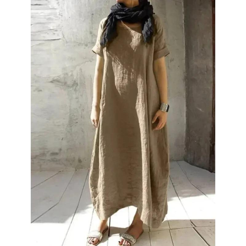 Casual Women Long Dress Oversized Loose Short Sleeve Dress Women Reathable Round Neck Holiday Dresses  Autumn