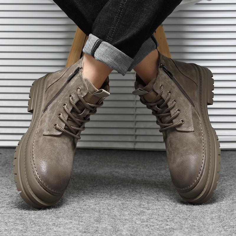 New Men Shoes Genuine Leather Ankle Boots High Top Casual Shoes Fashion Thick-soled Short Boots