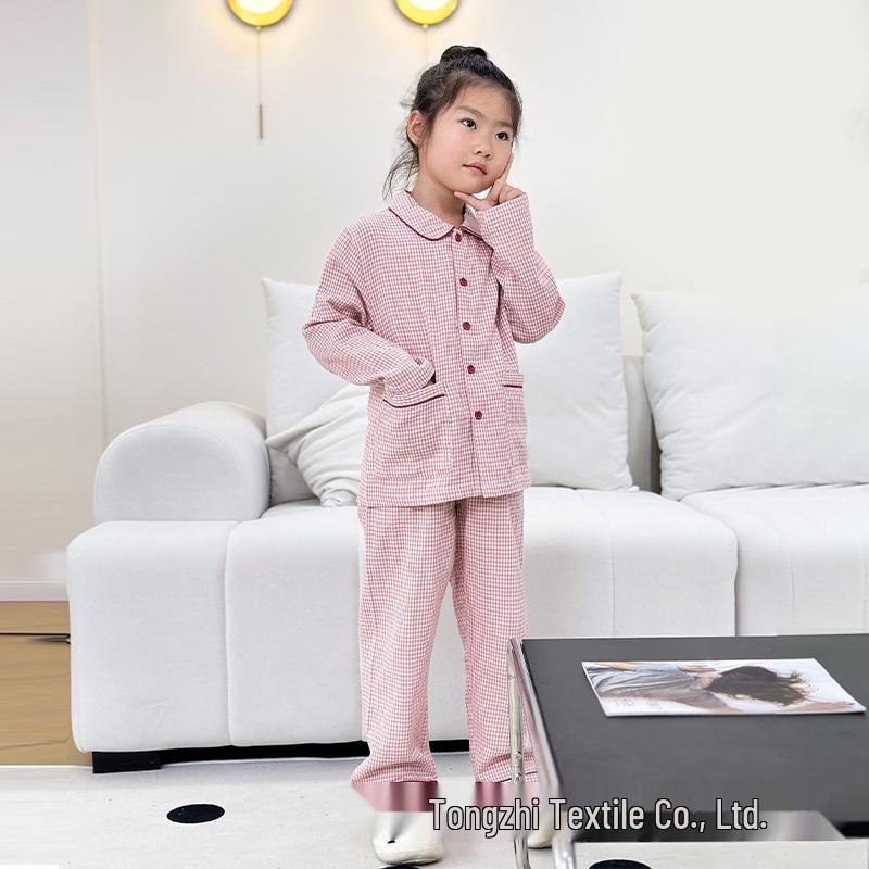 Plaid Trim Pure Cotton Children's Pajama Set - Autumn/Winter