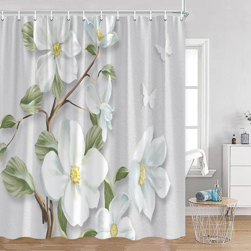 Luxury Gold White Floral Shower Curtain Rose Butterfly Cherry Blossom Modern Art Flower Polyester Fabric Bathroom Curtains Dec