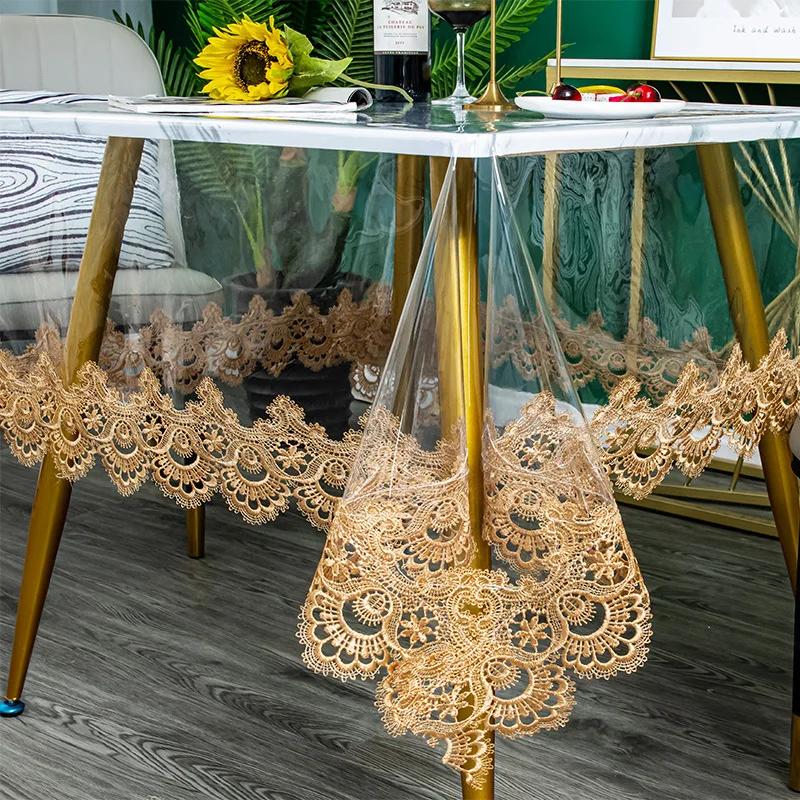 Lace Embroidered Pvc Tablecloth Waterproof Oil-Proof Rectangle Table Cloth Clear Transparent Dining Tables Cover Party Decor New