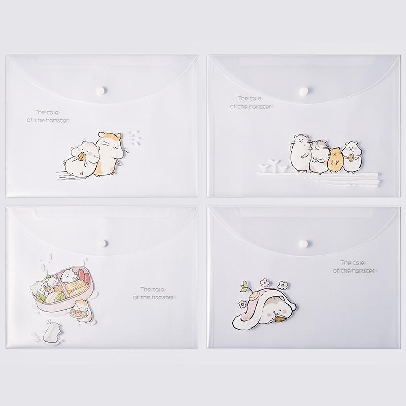 4pcs File Bags for Document Cute Cartoon File Holder Snap Button PVC Folder Pen Box Office Information Bag Student Stationery