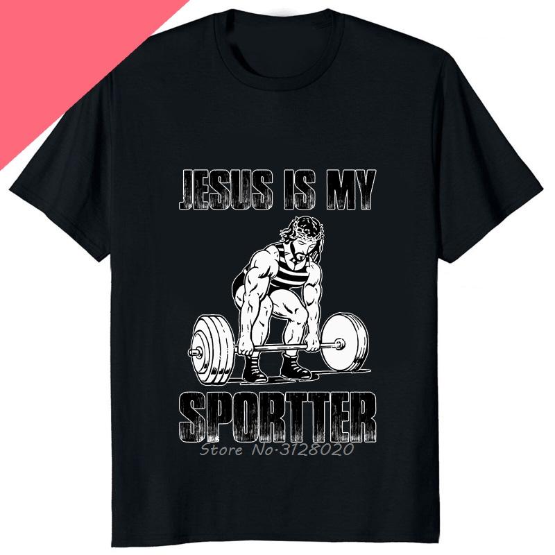 Lustiges Jesus Ist Mein Spotter Aufgedrucktes Grafik-Baumwoll-Herren-T-Shirt Humor Gewichtheben GYM T-Shirt Lässige Mode Streetwear Herren-T-Shirts
