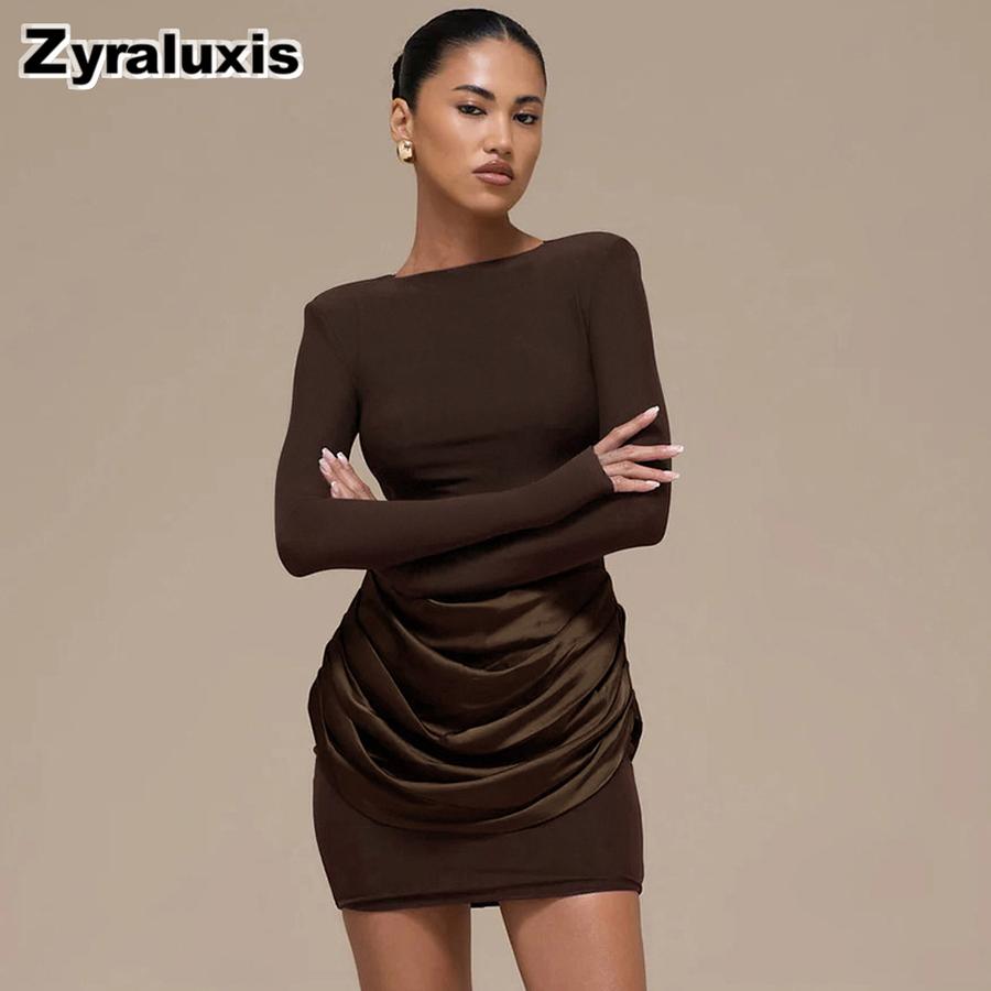 Women's Autumn Winter New Style Solid Elegant Casual Slim Fit Crew Neck Long Sleeve Ruffled Mini Dress