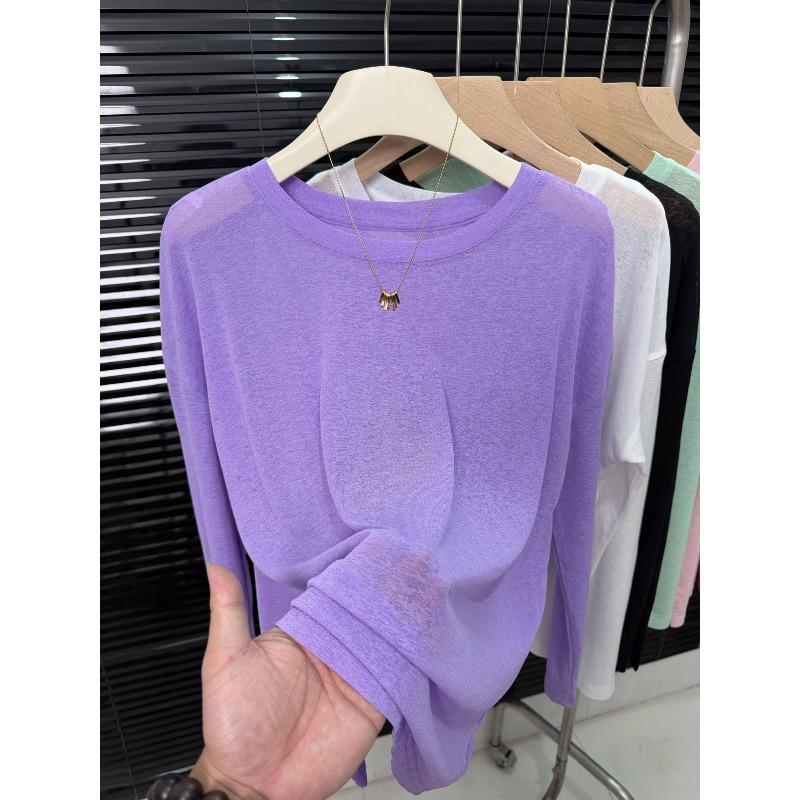 New Ice Silk Cool Tulle Long-sleeved Sunscreen Blouse Women's Fashion Versatile Breathable Solid Color T-shirt Top Summer