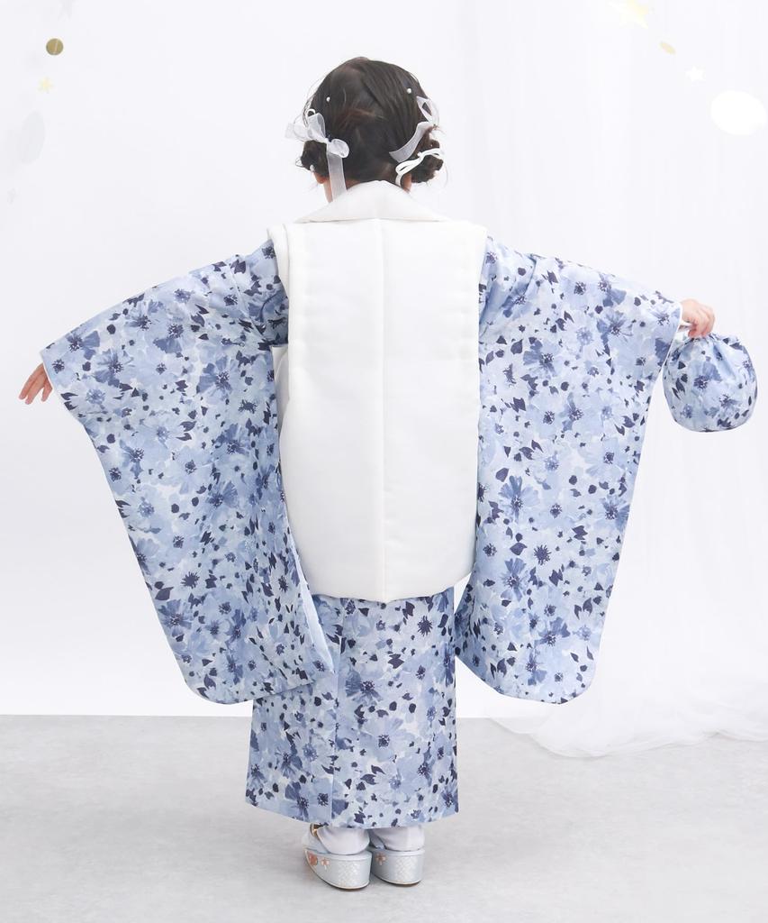 KYOETSU Set for Ceremony Includes Kimono and In a Dull Color Light Blue Flower 4-Piece Girls' Shichi-Go-San (753), Two-Piece Set, Hifu, Accessories,