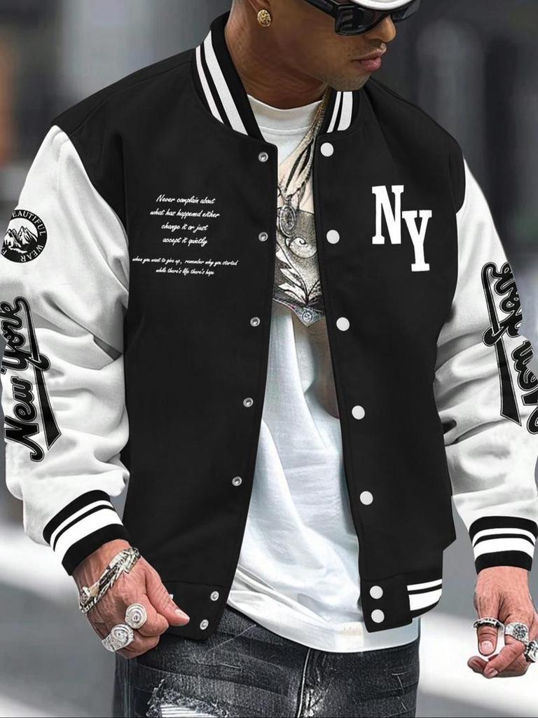 Men's Alphabet Print Baseball Collar Bomber Jacket Loose Casual Sports Long-sleeved Varsity Jacket Suitable for Autumn and Winter