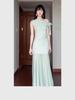 Chic French Green Mesh Patchwork Dress for Women - Summer Beach Vacation, Fresh & Youthful Hip-Hugging Style