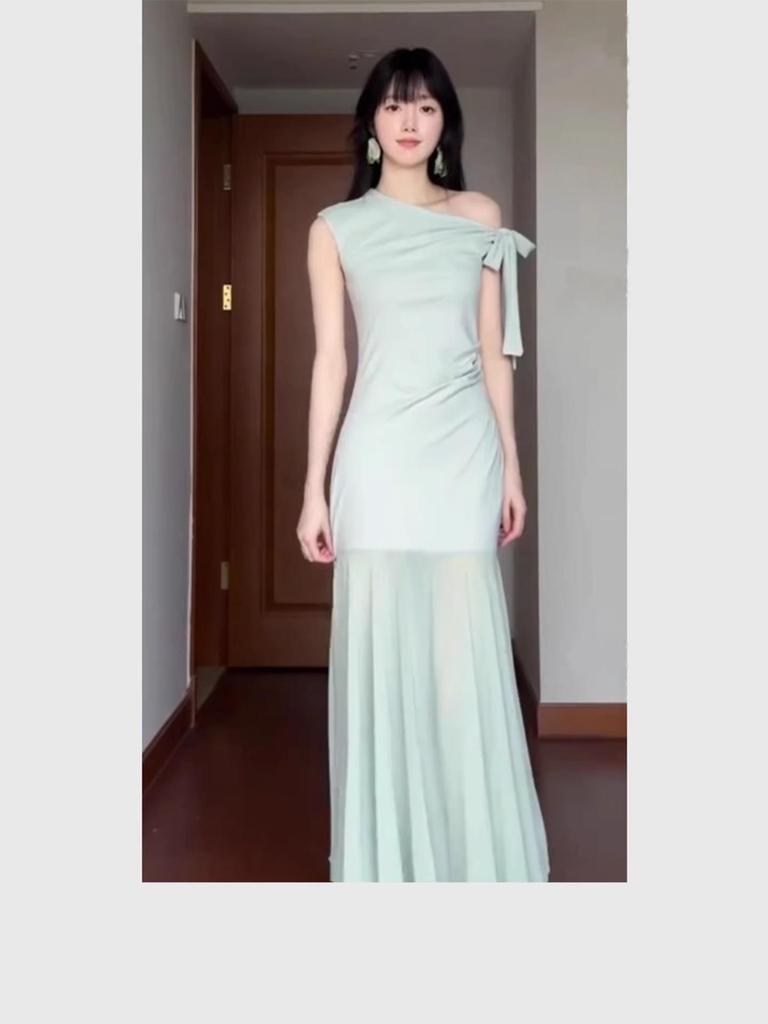Chic French Green Mesh Patchwork Dress for Women - Summer Beach Vacation, Fresh & Youthful Hip-Hugging Style