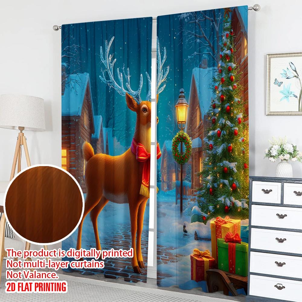 2pcs 2D flat printing Fashionable Christmas Curtains Christmas Reindeer Gifts Sleigh Digital Printed Polyester Drapes Holiday