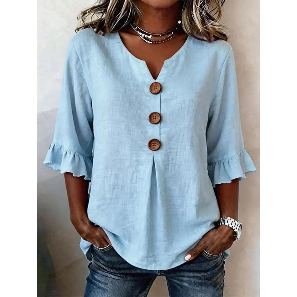Women V Neck Button Blouse, Spring Summer Casual Top